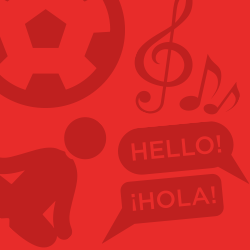 yoga pose, soccer ball, music symbol, spanish on red background